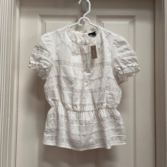 NWT!  J. Crew blouse with peplum waist, white lace on cream, Small - Picture 1 of 3